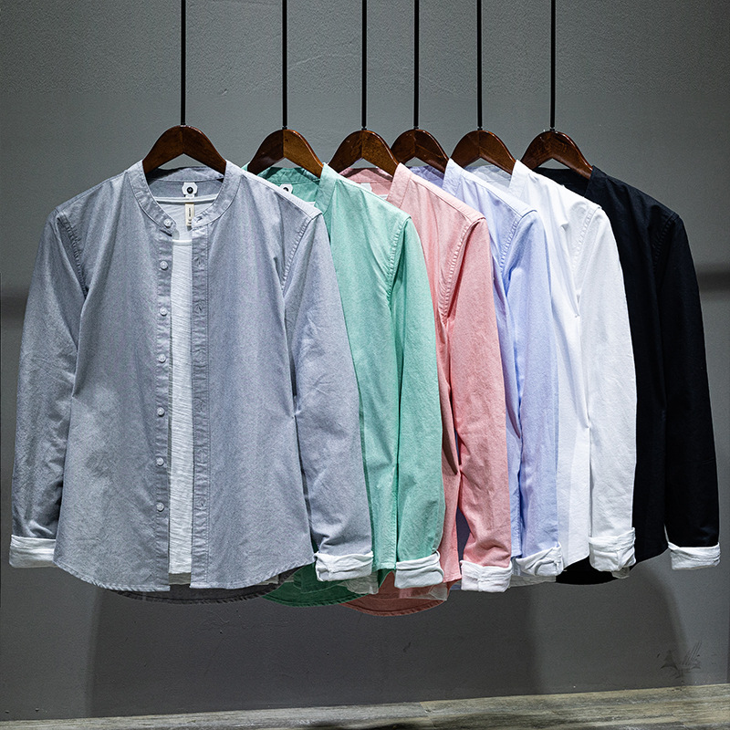 843 New Style Simple Stand-Up Collar Shirt Men's Casual Long-Sleeve Solid Color Shirt Men's Clothing One-Piece Wholesale Versatile No-Iron