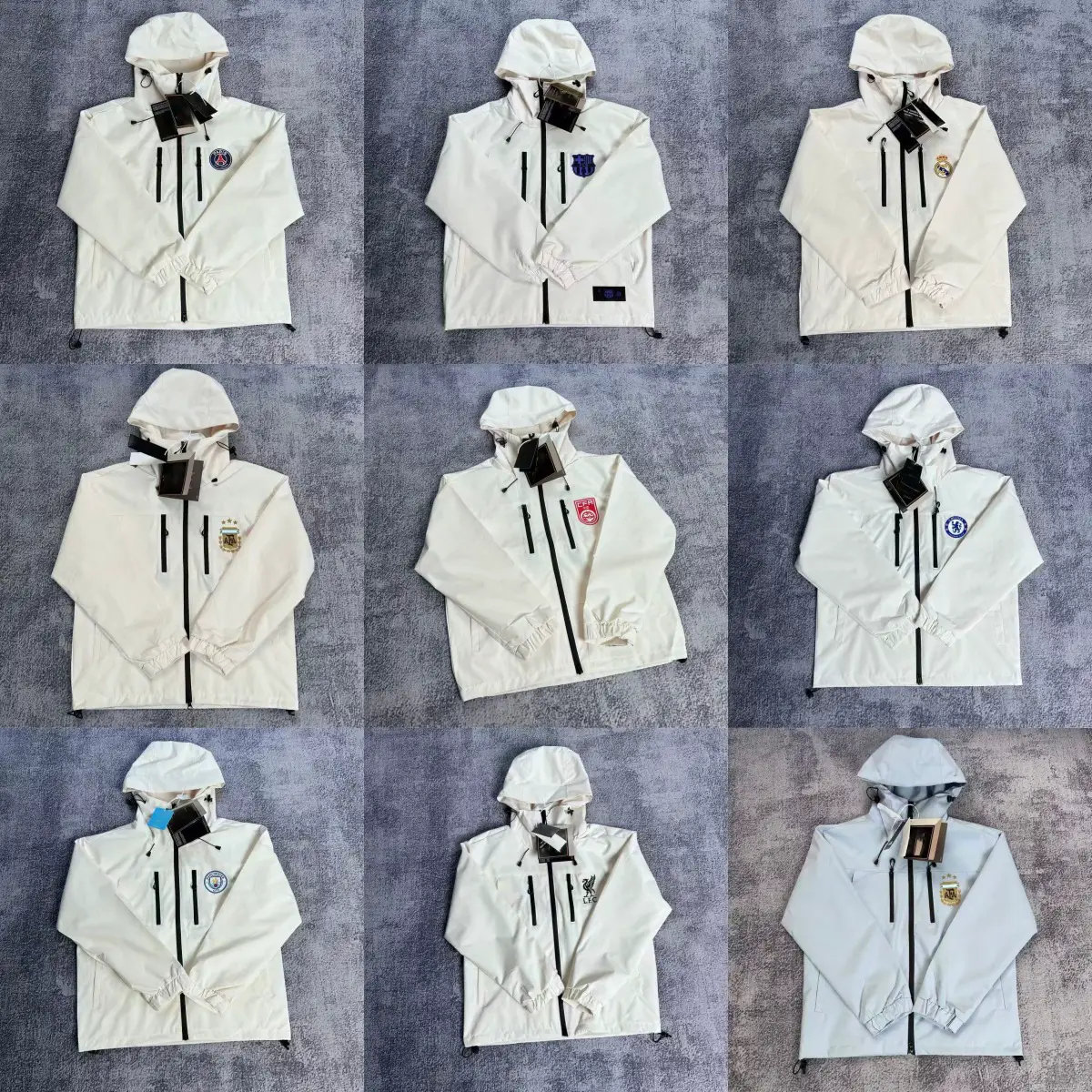 LOGO足球俱乐部冲锋衣外套皇马巴萨巴黎防风放水连帽夹克宽松百搭