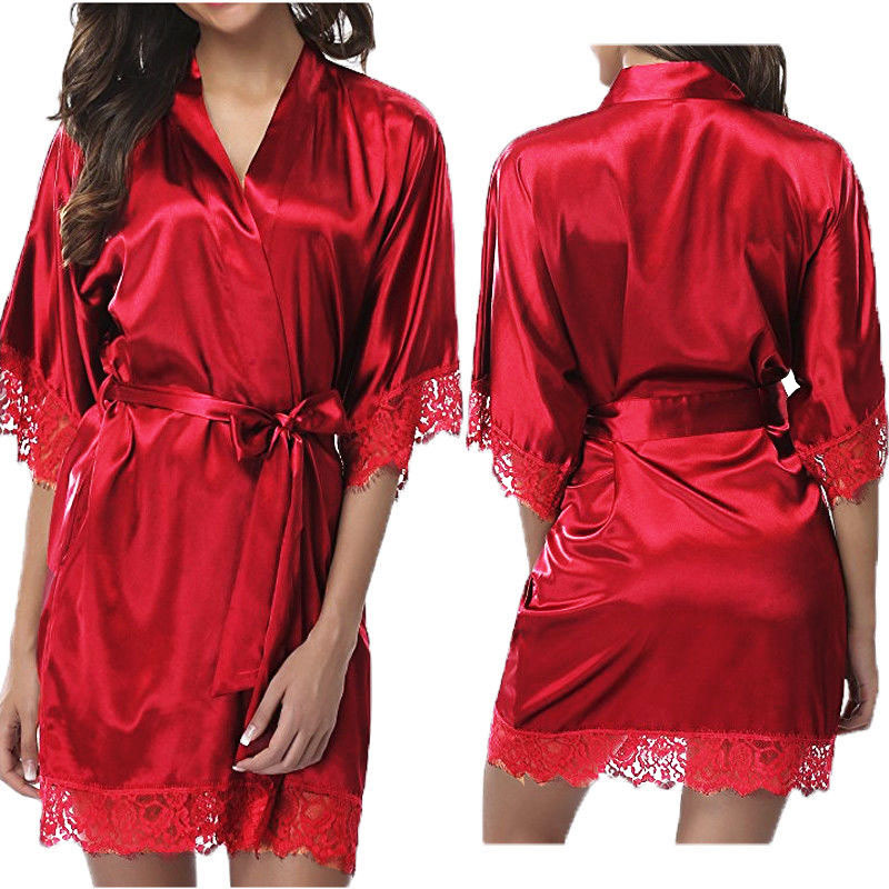 Cherry Temptation Cross-border European and American Foreign Trade Lingerie Sexy Lace Imitation Ice Silk plus size Nightgown Bathrobe Kimono
