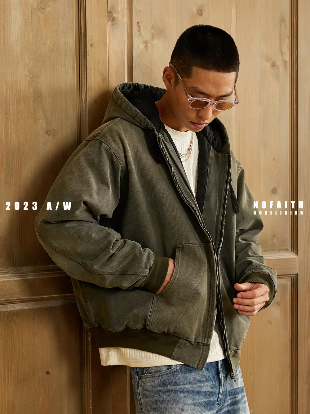 Nofaith Washed Distressed Hooded Cotton Jacket for Men Fall and winter Japanese style Retro Plus Cotton Casual Outwear Tops No Faith