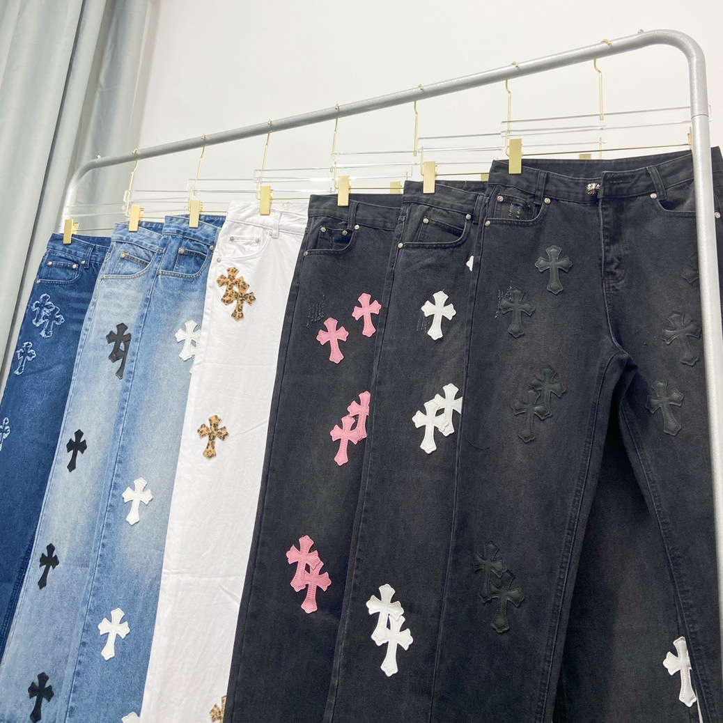 Cross-Border New High Version Chrome Hearts Jeans Colorful Leather Black Washed Jeans