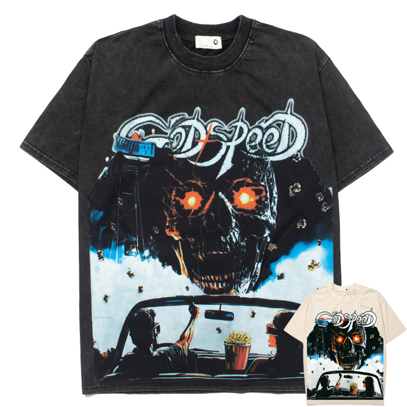 25 Cross-Border American High Street Rock Street Skull Racing Print West Coast Rap Short-Sleeved T-Shirts for Men and Women