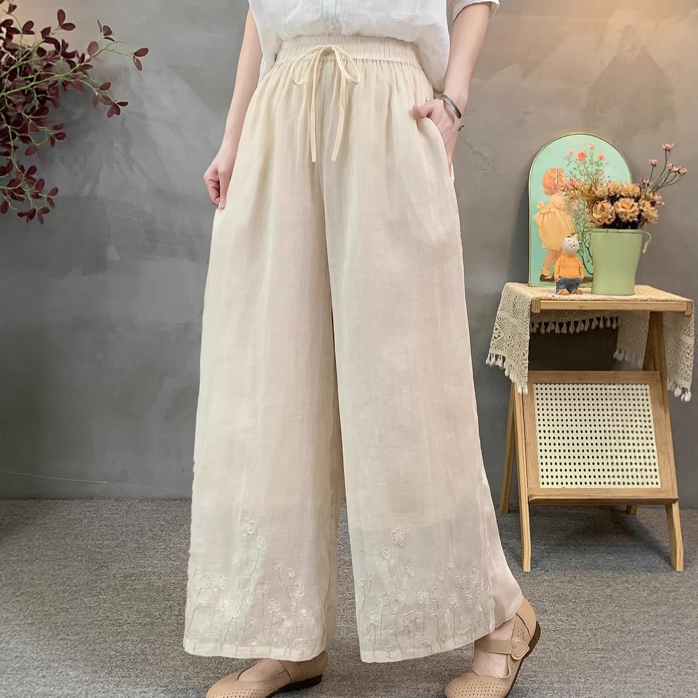 Ramie Embroidered Wide-Leg Pants 2026 Summer New Style Solid Color Women's Loose Casual Pants Travel Beach Pants