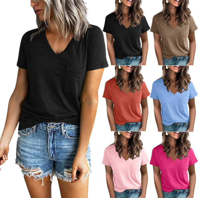 2026 European and American Cross-Border Spring/Summer New Fashion Women's Pocket V-Neck Split Raglan Short-Sleeve Top T-Shirt Women's Clothing