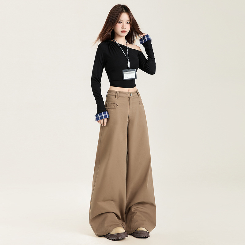 Meilade Outfit: Women's Casual Pants for Spring and Autumn, Loose Straight-Leg, Flowy, Trendy, Floor-Length Wide-Leg Pants, Khaki Jeans