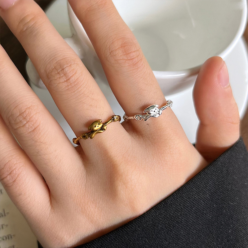 Lan Zhi Personalized Minimalist Cartoon Dog Ring, Non-Fading, Niche Cool Style, Adjustable 925 Silver Ring for Women