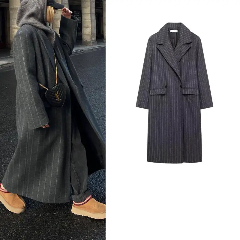 Spring new women's clothing European and American style loose long sleeved lapel single breasted striped woolen long windbreaker jacket