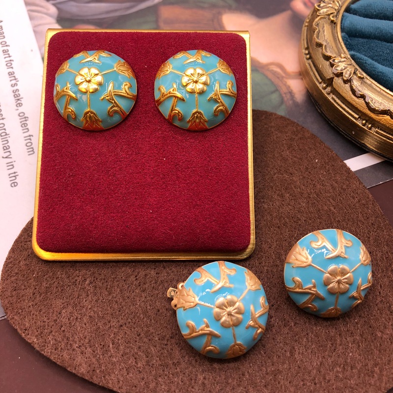 Sky Blue Round Retro Gold Pattern Silver Needle Earrings Ear Clip Elegant Blue Gold Flower Silver Needle Earrings