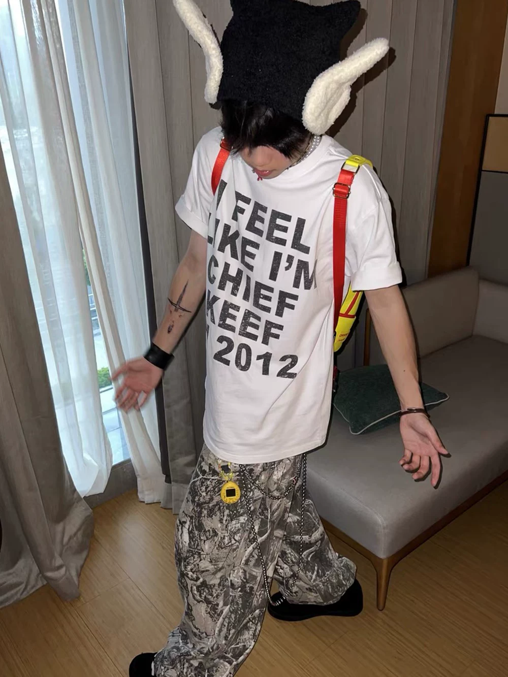 Ifeellikechiefkeef2012 Distressed Slogan Semi-Watermark 280g Heavyweight Short-Sleeve Vintage T-Shirt