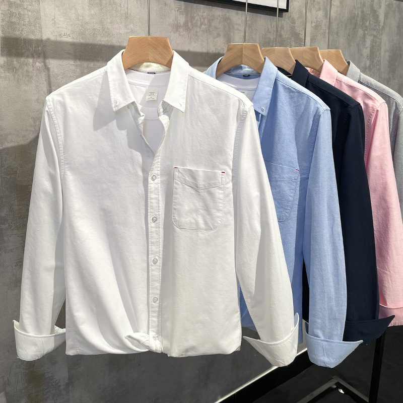 Pure Cotton Men's Oxford Long-Sleeve Shirt Korean Style Casual Youth Shirt with Logo Trendy and Stylish