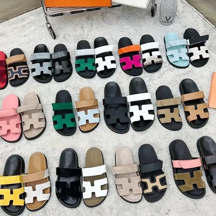 Goatskin Version ~ Summer New arrival Color Matching Plus size H Erjiu Slippers Couple Style Slip-On Velcro Open-Toe Sandals for Women