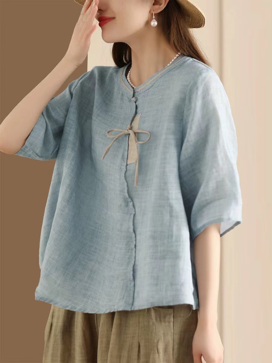 2024 Summer New Retro New Chinese Style Slant Placket Ramie T-Shirt Crewneck Loosen Version Lightweight Guofeng Top for Women