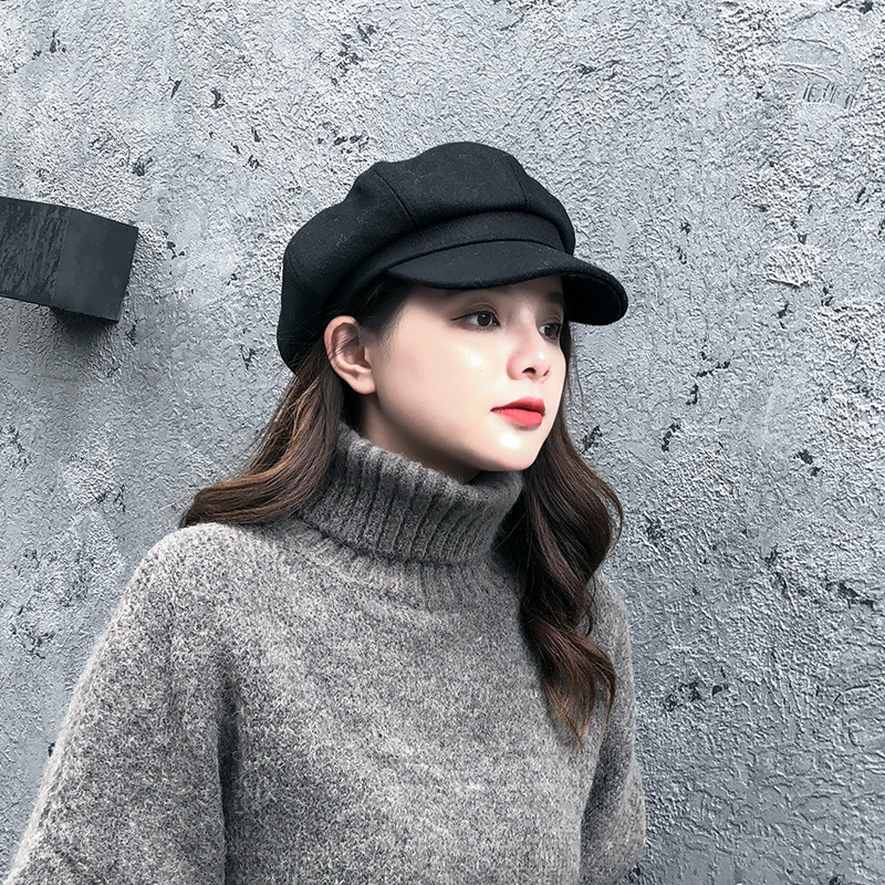 Korean Woolen Solid Color Newsboy Cap for Men and Women, Autumn and Winter Beret, Painter's Cap, Adult Casual Versatile Hat