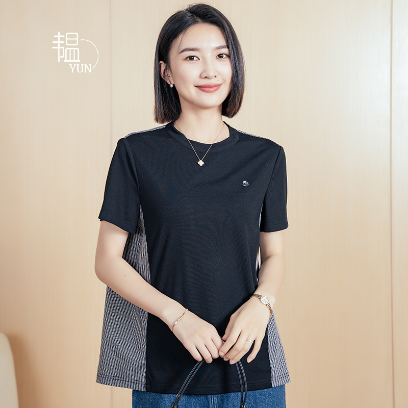 YUN Yun Stitching Crewneck Shirt Summer Women's Short-sleeved Loose All-match Short-sleeved Black Striped T-shirt Outer Wearing Design Sense