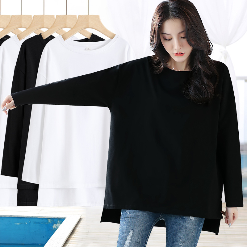 Black Long-sleeved T-shirt Women's Pure Cotton Loose Oversized T-shirt plus size chubby girl Mid-length Short Front and Long Back Top Autumn