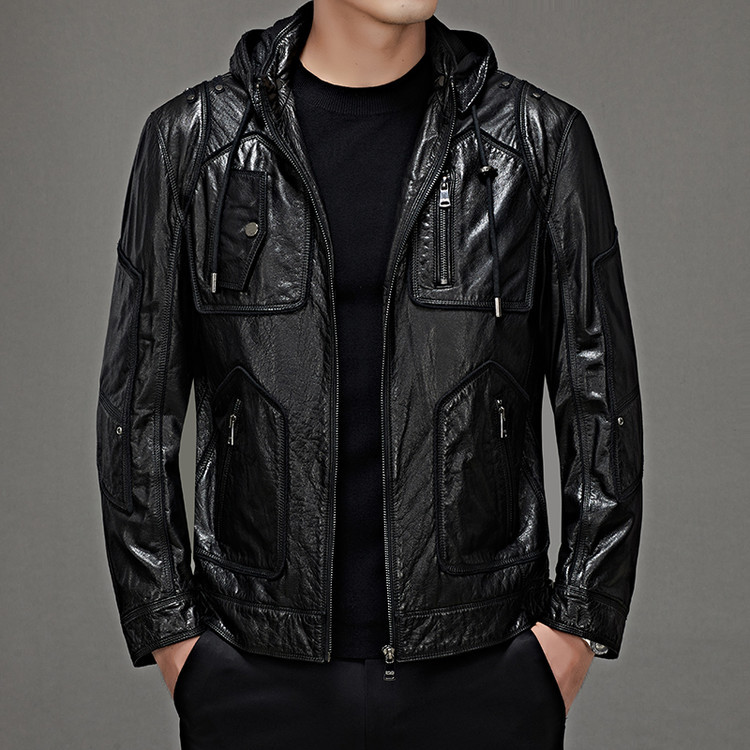 High-End Haining First-Layer Cowhide Men's 2025 Autumn and Winter New Genuine Leather Jacket with Hood Fashionable Men's Clothing