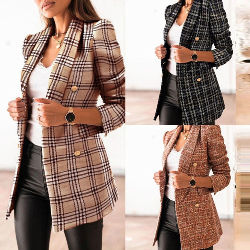 2026 European and American Wish Amazon New Autumn and Winter Long-Sleeved Double-Breasted Slim-Fit Printed Blazer Women's Clothing