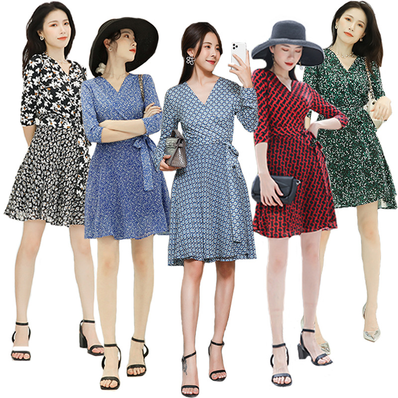 Crystal Linen Print Patchwork Chiffon Wrap Dress with a Cinched Waist, Tie-Up Waist, and Three-Quarter Sleeves