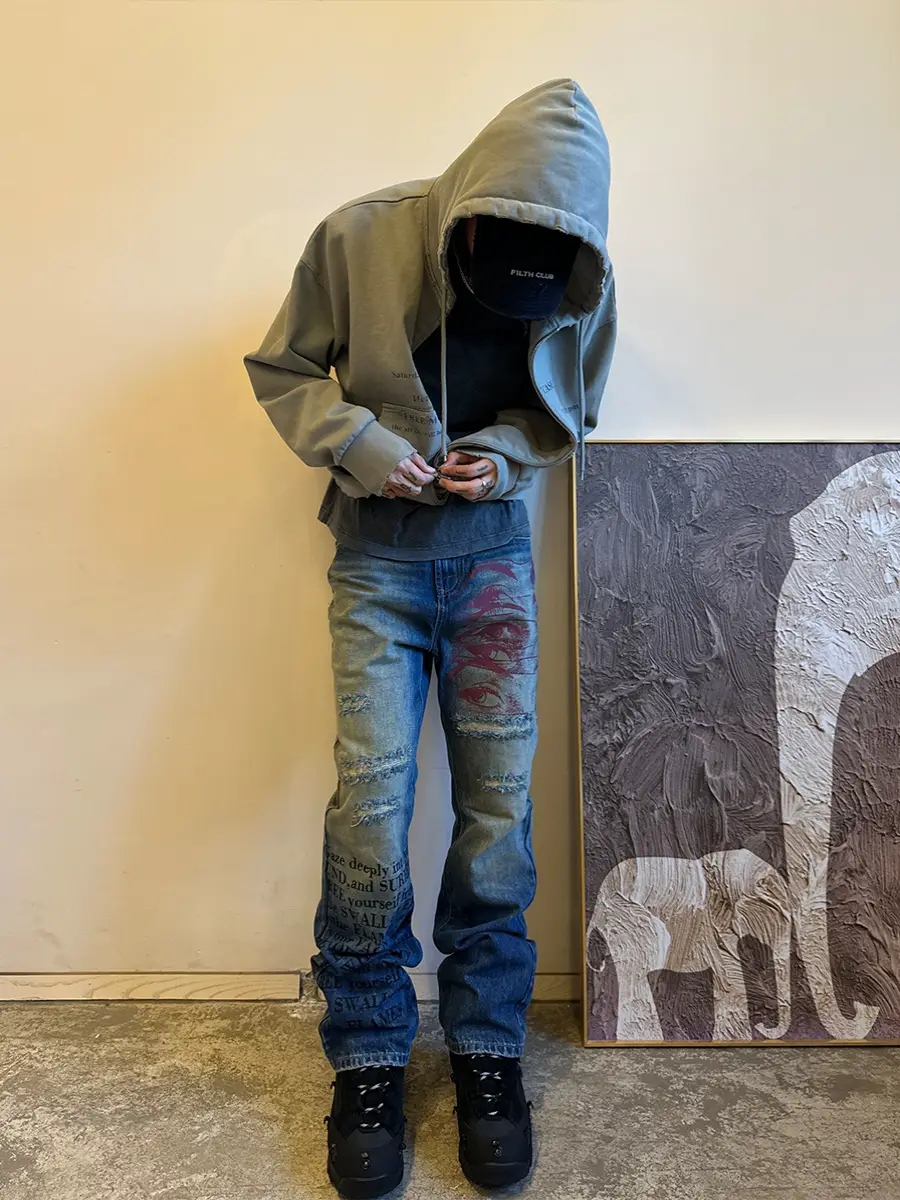"Type II" BRG Heavy Weight Washed and Worn out Vintage Print Damaged Straight-leg Slightly Pulled Denim Street Niche Style