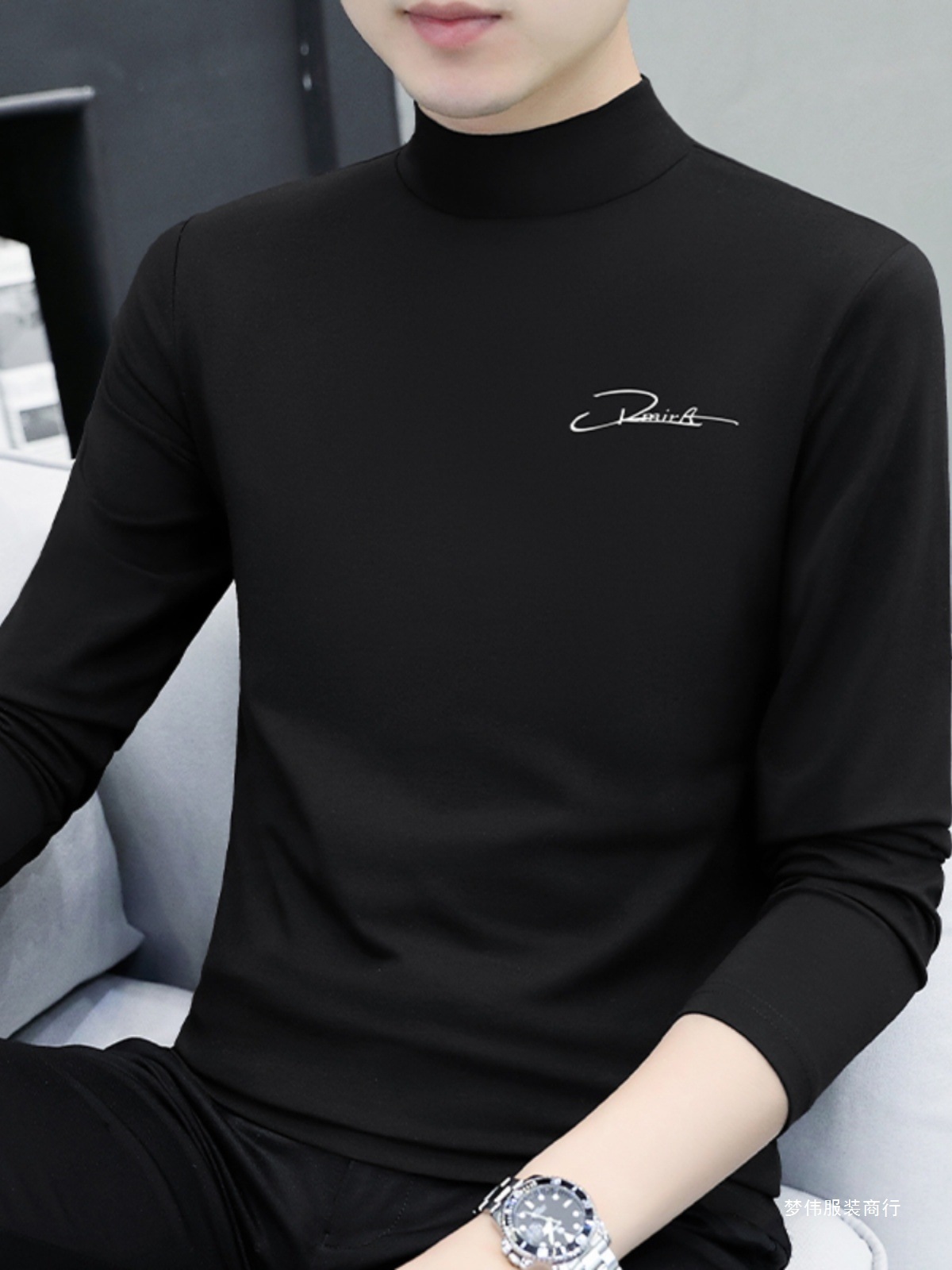 Modal Cotton Half Turtleneck Long-Sleeved T-Shirt Men's Autumn Top Spring & Fall Bottoming Shirt with Mid-Collar Autumn Mengwei