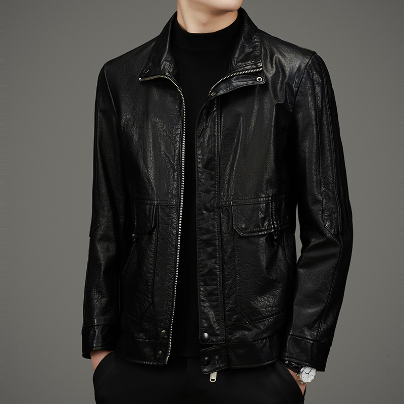 Haining Top Layer Cowhide Leather Men's Genuine Leather Biker Suit Lapel Leather Jacket Cow Wax Leather Jacket Trendy Men's Top