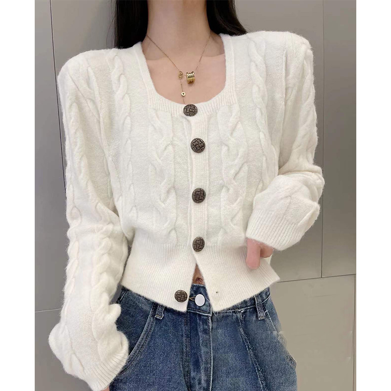 High-end Sense Square Collar Twist Sweater Cardigan Coat Women's Spring 2024 New Niche Chic Short Knitted Top
