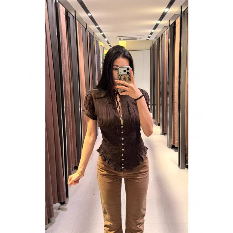 Cross-Border Women's Clothing Manufacturer Wholesale 2026 Spring/Summer Za Series Sweet and Spicy Bow-Decorated Patchwork Short-Sleeve Shirt Top
