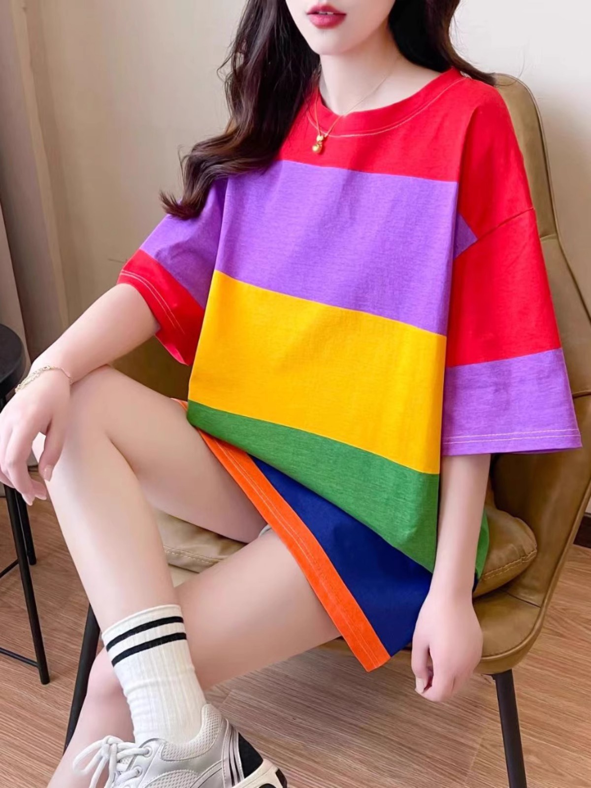 Plus size 160kg short sleeve loose rainbow striped summer chubby girl long T-shirt women's three-point sleeve clothes tide