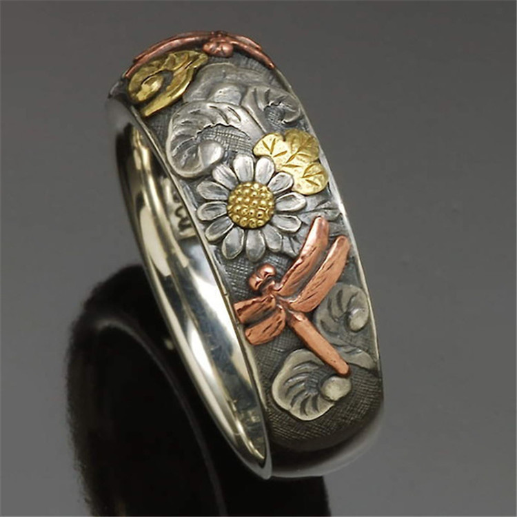Coffee billion tide flow Amazon new cross-border hot selling retro style carved ring flower dragonfly sunflower ring
