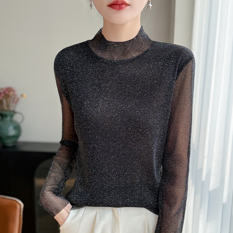 Half-High Collar Shiny Mesh Base Shirt for Women, 2026 Spring/Summer Fashion, Stylish and Versatile, Trendy Long-Sleeve Top