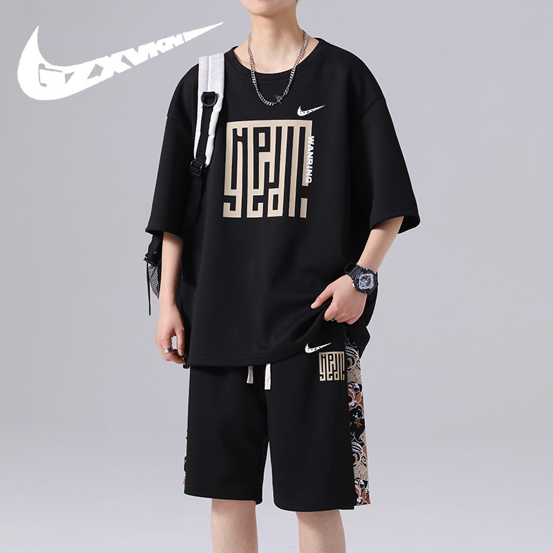 Men's Casual Suit 2024 Summer New Youth Sports Two-Piece Set National Trend Off-Shoulder T-Shirt Shorts Men's Clothing