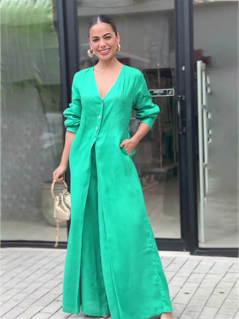 2024 Amazon Summer European and American New Solid Color V-neck Long Sleeve Sexy Fashion All-match Waisted Women's Pants