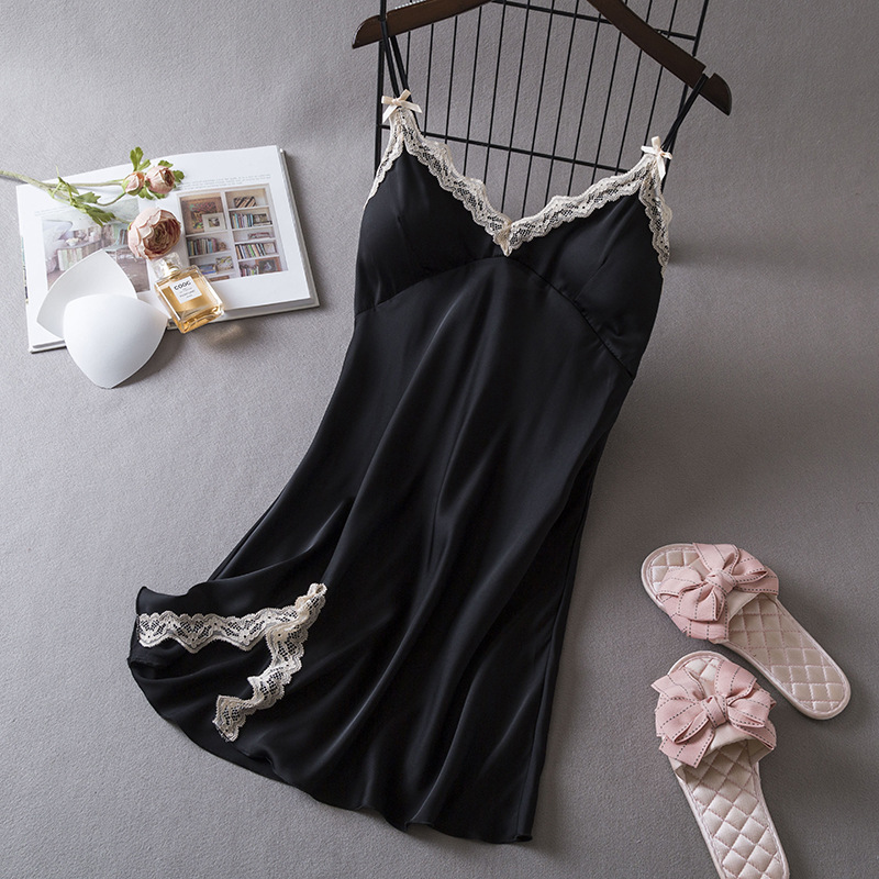 2024 Spring and Summer New Pure Lust Style Pajamas Feminine Suspender Nightgown Women with Breast Pads Simulated Silk Home Clothes