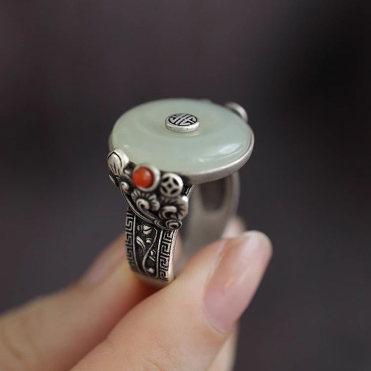 New Chinese Style Retro Style Safety Buckle Ring for Women, Anti-Hotan Jade, Accessible Luxury, High-End, Personalized, Simple Ethnic Style Ring