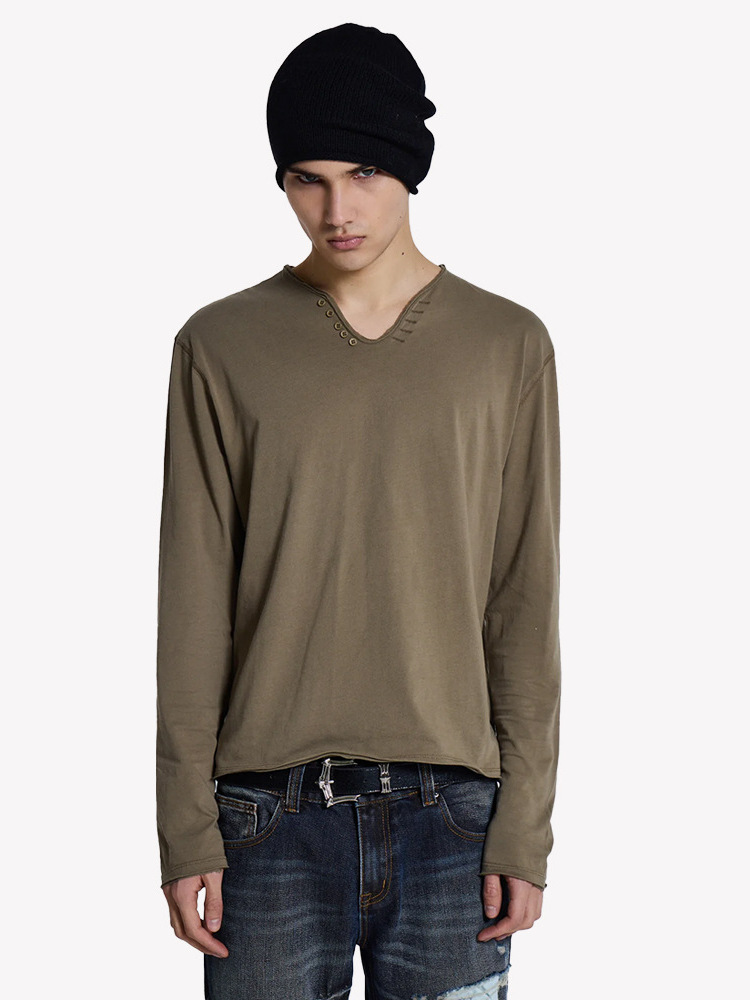 European and American V-Neck Long-Sleeve T-Shirt for Men 2026 New Style Henry American-Style Army Green Versatile Slim Fit Top Trendy on Instagram