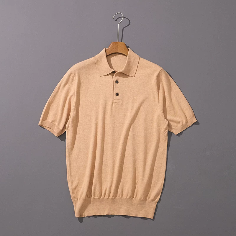 Thin American-Style Short-Sleeved Sweater with a Turn-Down Collar, Business Casual T-Shirt, Knitwear for Men, Pony
