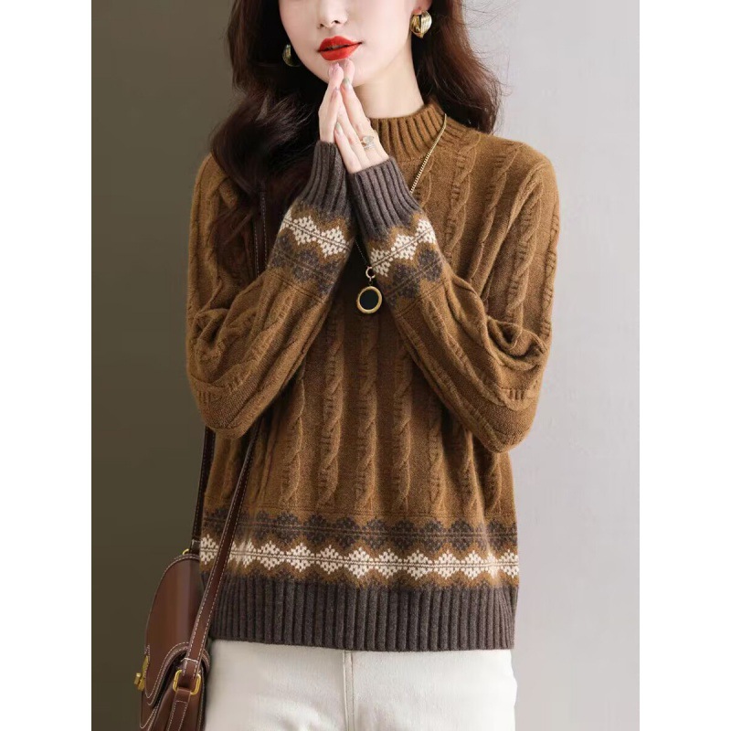 Cross-Border Half-Turtleneck Thickened Cable Knit Sweater Pullover for Women 2026 Winter New Loose Retro Base Top