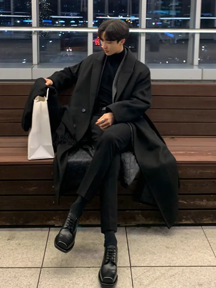 Mrcyc Woolen Coat Men's Winter Korean Style Fancy Over-The-Knee Windbreaker Loose Retro thickened Woolen Outwear Trendy