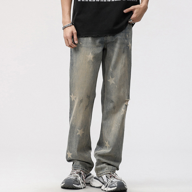 New Arrival in stock Fashionable Washed Nostalgic Color Young Men's Korean Style Street Trendy Casual Straight Tube Loose Jeans