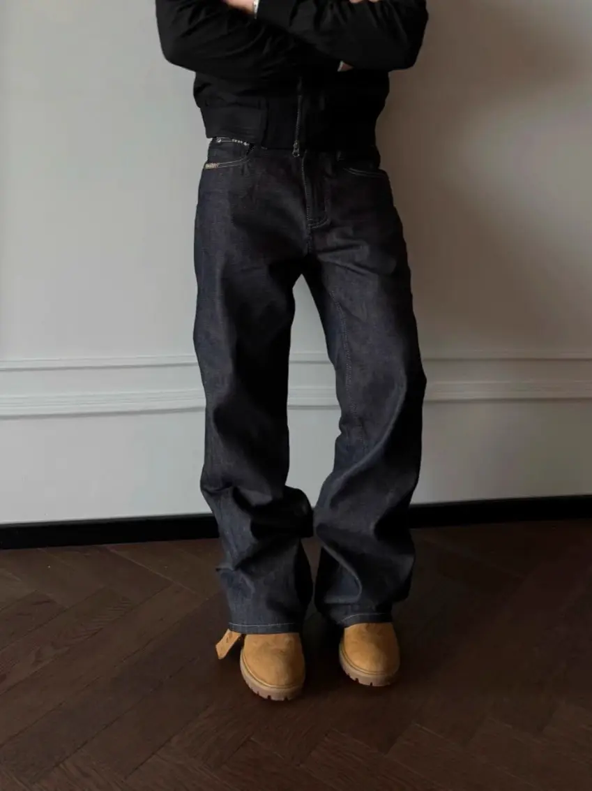 Auticup Autumn and Winter 13-Ounce Non-Fading Hand-Stitched Straight-Leg Raw Denim Loose Drape Thickened Casual Pants