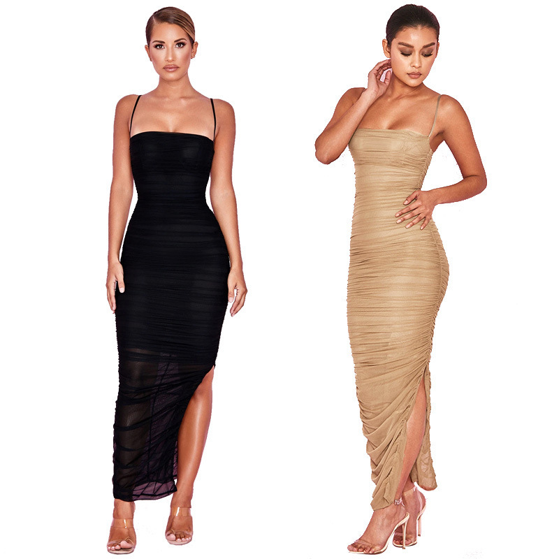 D1066 European and American Foreign Trade Women's Clothing Amazon Sling Split Tight-fit Mid-length Women's Adult Pleated dress