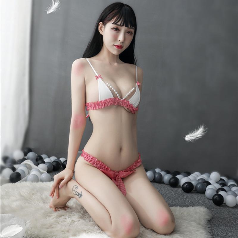 Sexy Lingerie Women's Sexy Bikini Pearl Three-point Bra Butterfly Plaid Set Passionate Temptation Sexy