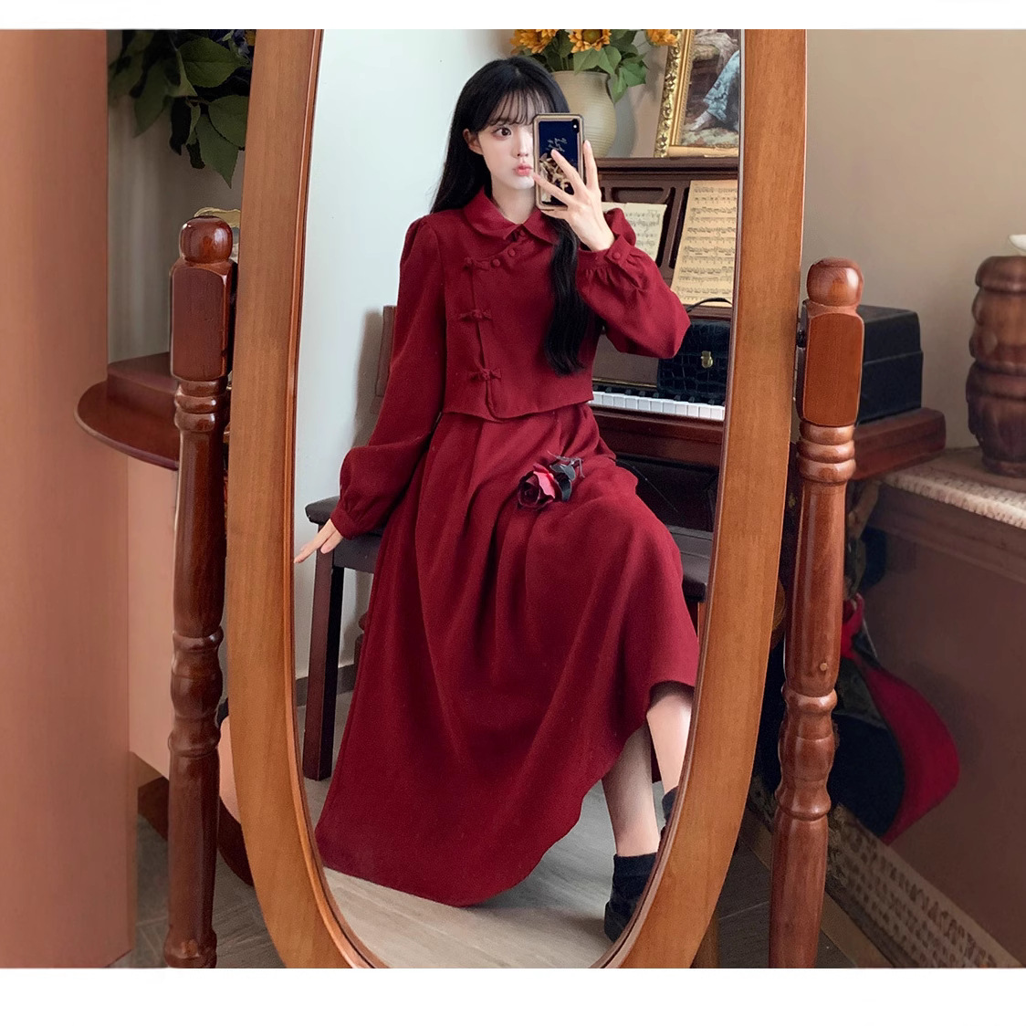 plus size Autumn and Winter New National Style High-end Elegant Retro Buckle Red New Chinese Top dress Two-piece Suit