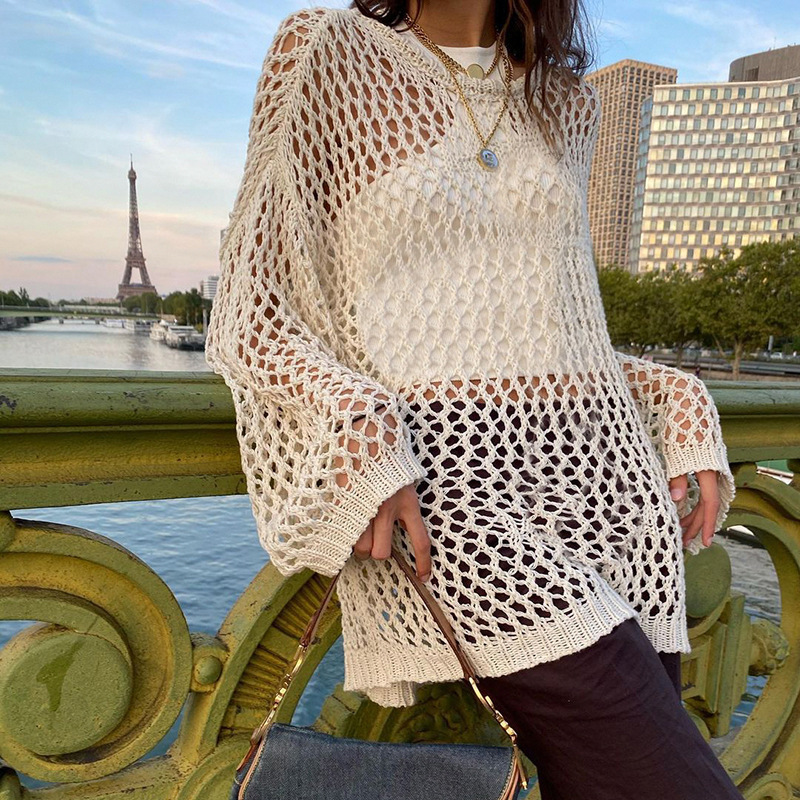 Cross-Border Export 2025 Summer European and American Sexy Style Street Fashion Cut Out Mesh Woolen Round Neck Loose Blouse for Women