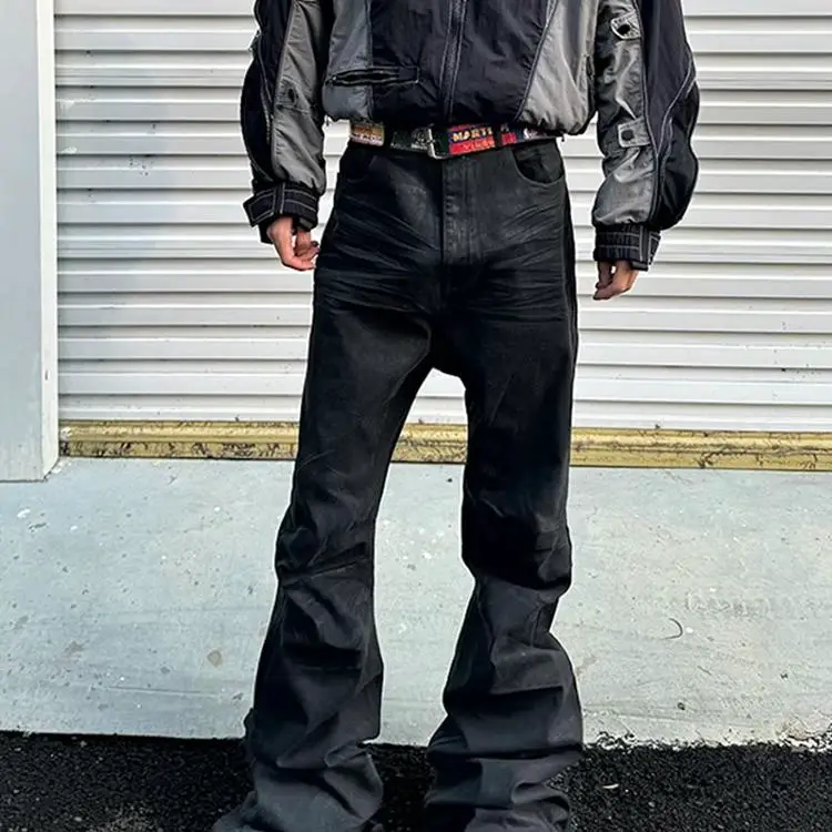 RO style American dark high street hand brushed wax coated stretch micro flare jeans trailing wax pants bootcut