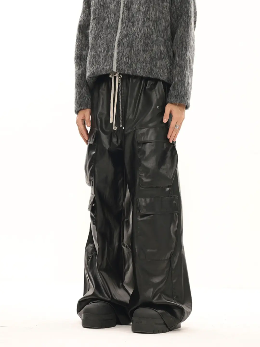 BTSG American retro RO style glossy coated multi-pocket drawstring loose wide-legged trailing work leather pants casual pants