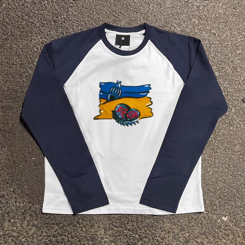 Bomba Studio Spring and Autumn American Retro Raglan Color-Blocked Long-Sleeve T-Shirt, Unisex Heavyweight Base Shirt