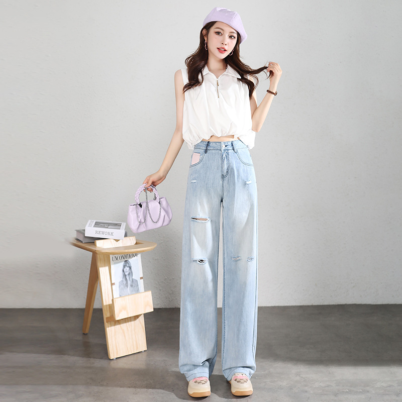 Versatile Ripped Jeans for Women 2026 Summer New High-Waisted Loose Slimming Wide-Leg Pants Casual Floor-Length Straight Pants