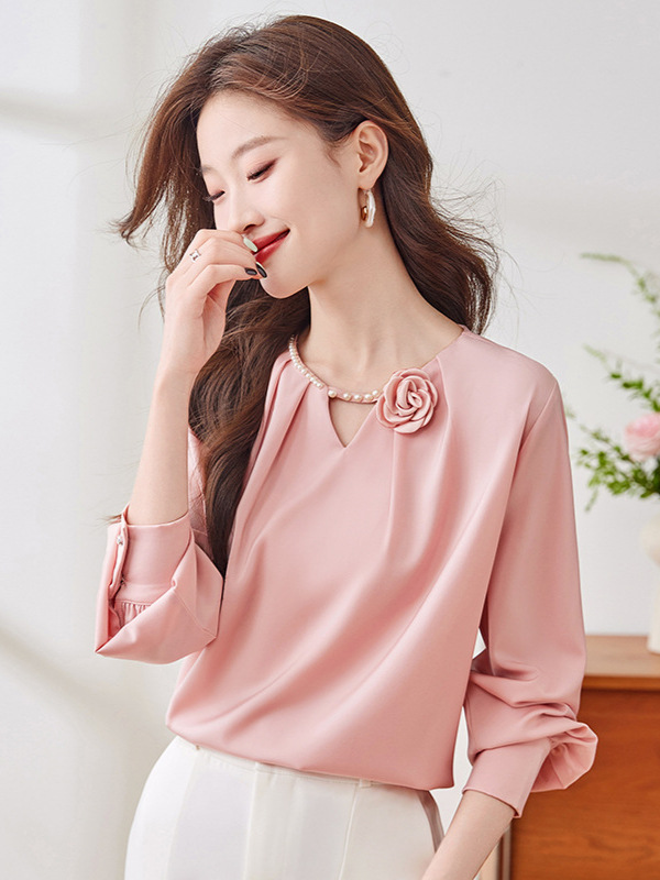 Fashionable Western Style Pink Satin Shirt Women's 2024 Autumn New Style Chic Design Elegant Lady Sweet Shirt