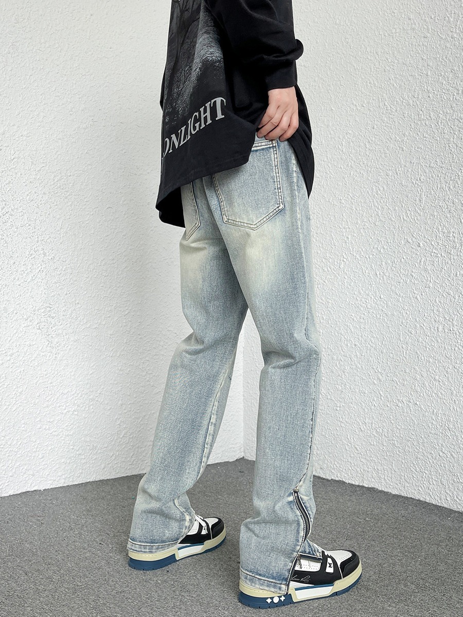 Vibe American Street Style Pants Ins Side Slit Zipper Jeans Men's Button-Up Straight Pants High Street Trend